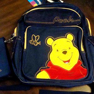 Disney Winnie the Pooh Blue Corduroy Canvas Backpack w Pencil Case NEW Vintage